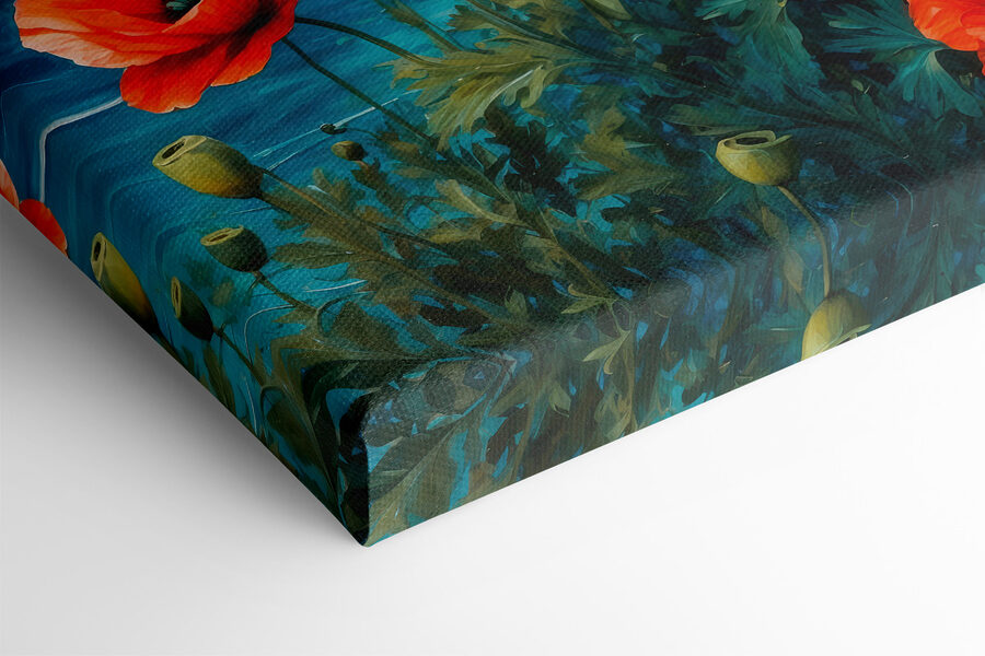 Malerei von roten Blumen und Wasser