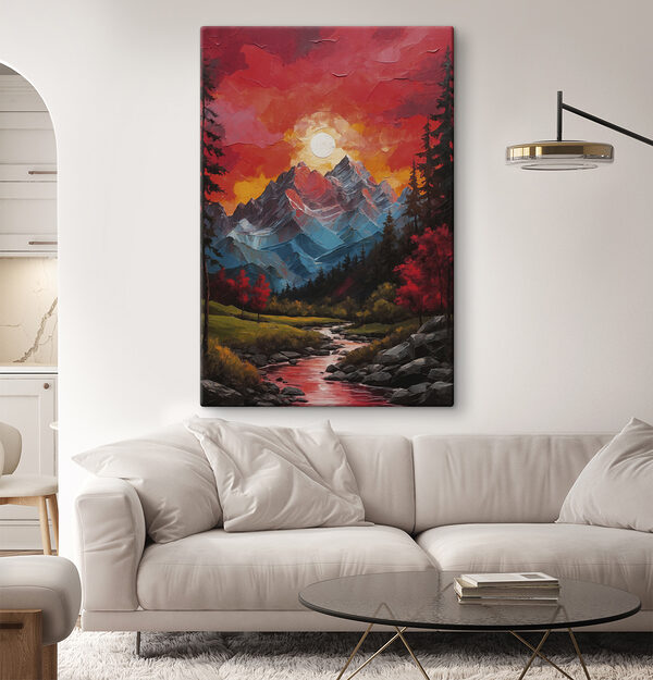Gemälde einer Bergkette mit Bäumen und einem Fluss Gemälde einer Bergkette mit Bäumen und einem Fluss