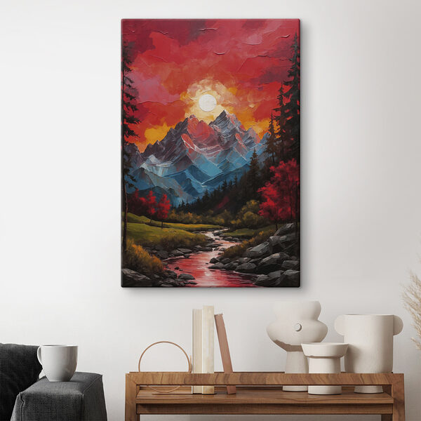 Gemälde einer Bergkette mit Bäumen und einem Fluss Gemälde einer Bergkette mit Bäumen und einem Fluss