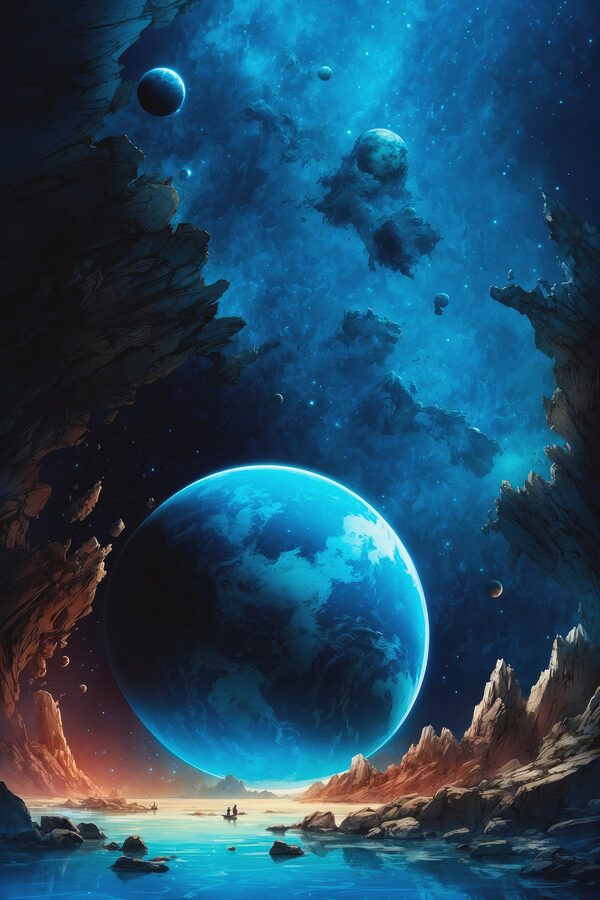 Planet im Weltraum mit Felsen und Sternen Planet im Weltraum mit Felsen und Sternen