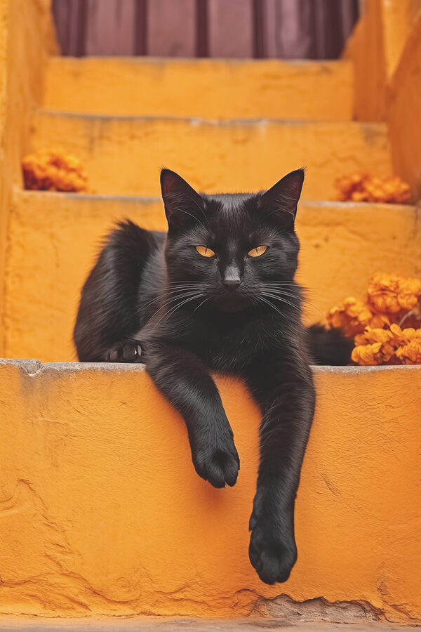Schwarze Katze auf einer Treppe liegend Schwarze Katze auf einer Treppe liegend