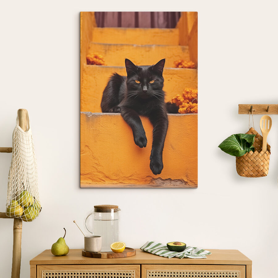 Schwarze Katze auf einer Treppe liegend Schwarze Katze auf einer Treppe liegend