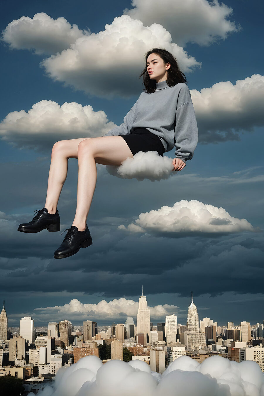 Frau sitzt auf einer Wolke im Himmel