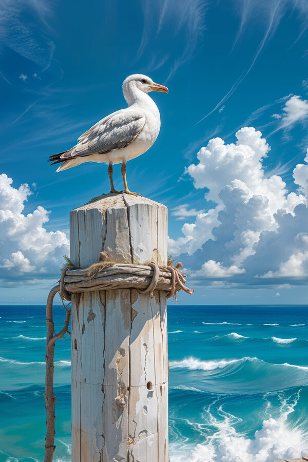 Möwe auf einem Holzpfahl stehend Möwe auf einem Holzpfahl stehend
