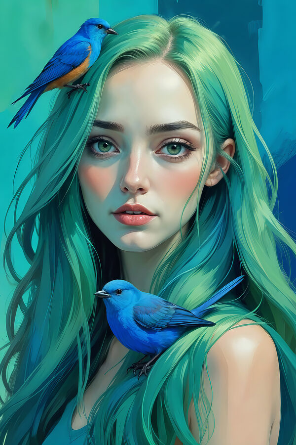 Frau mit grünen Haaren und einem blauen Vogel Frau mit grünen Haaren und einem blauen Vogel