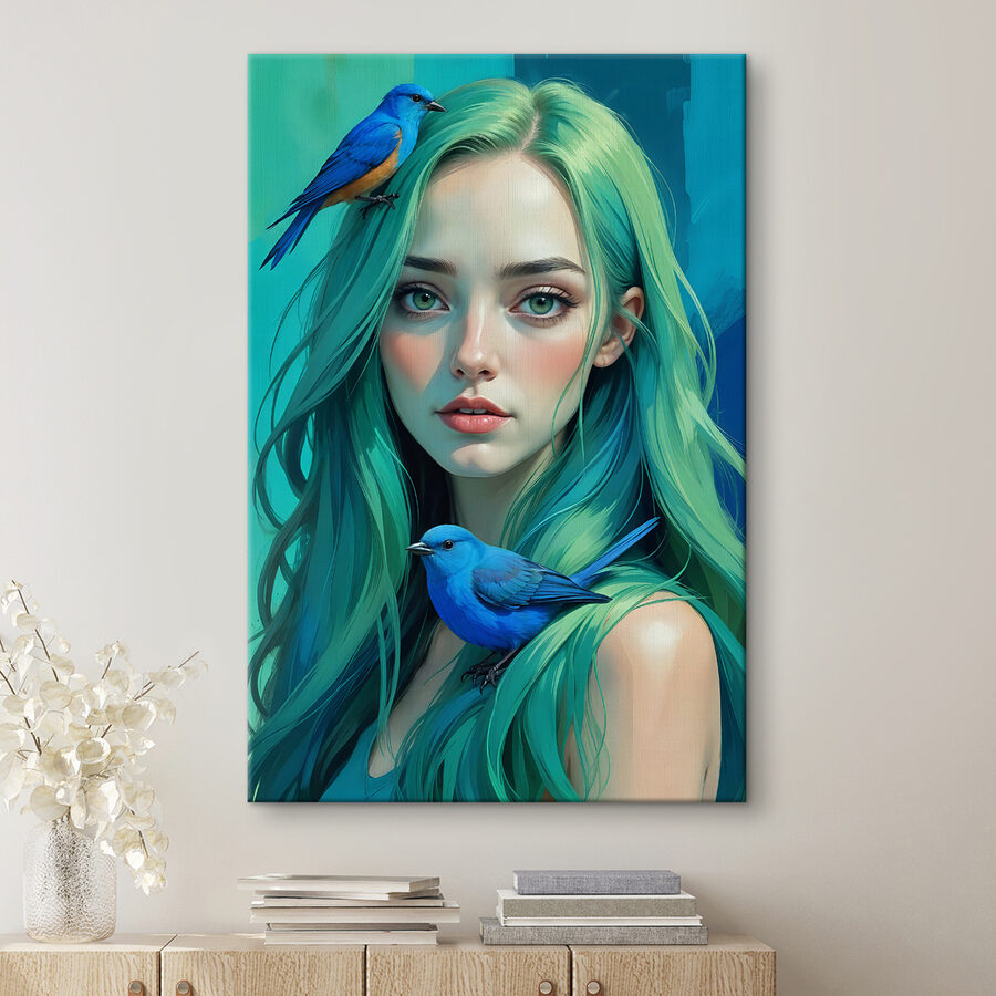 Frau mit grünen Haaren und einem blauen Vogel