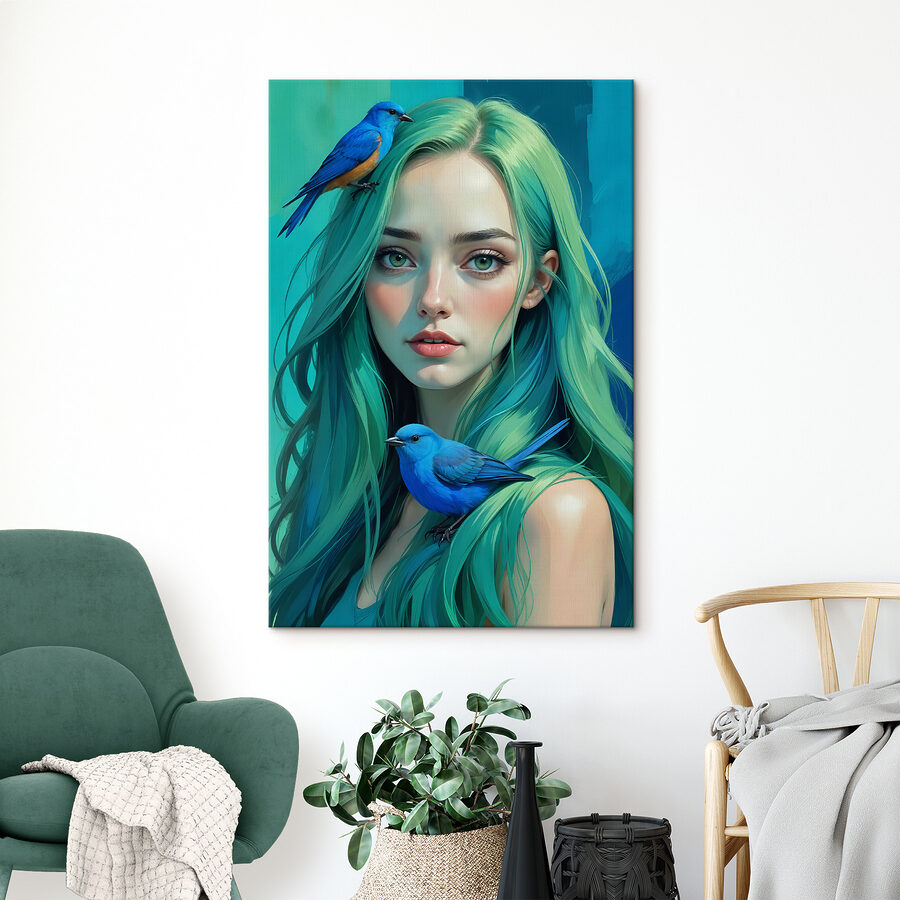 Frau mit grünen Haaren und einem blauen Vogel
