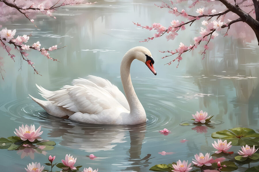 Weißer Schwan im Wasser mit rosa Blumen