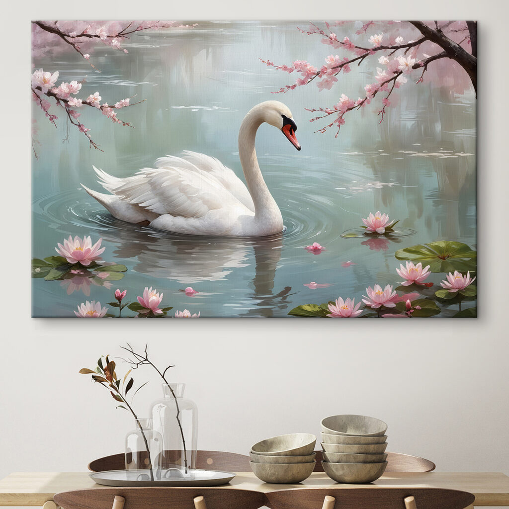 White swan in water with pink flowers