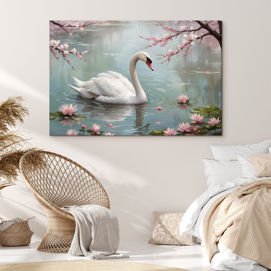 Weißer Schwan im Wasser mit rosa Blumen