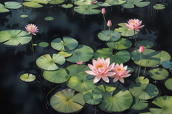 Gruppe von rosa Blumen und grünen Blättern in einem Teich Gruppe von rosa Blumen und grünen Blättern in einem Teich