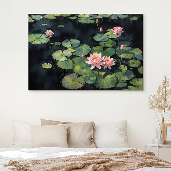Gruppe von rosa Blumen und grünen Blättern in einem Teich Gruppe von rosa Blumen und grünen Blättern in einem Teich