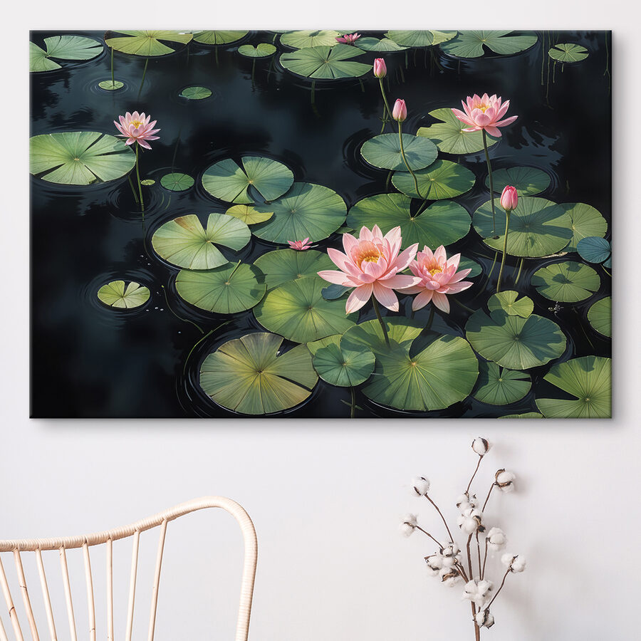 Gruppe von rosa Blumen und grünen Blättern in einem Teich