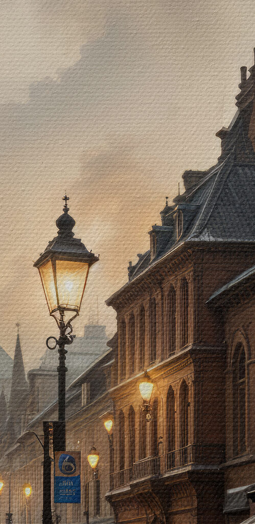 Street with buildings and a train on it