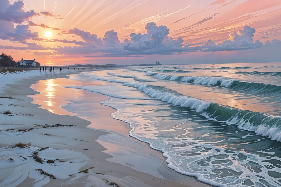 Strand mit Wellen und Menschen darauf Strand mit Wellen und Menschen darauf