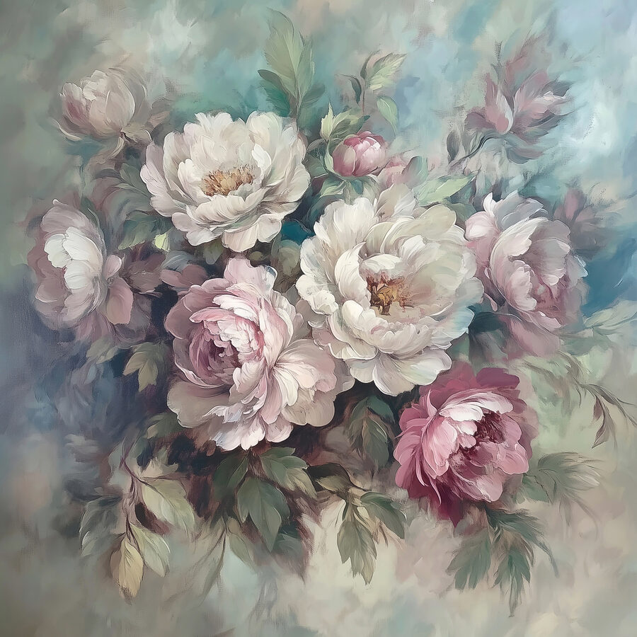 Gemälde mit Blumen auf blauem Hintergrund
