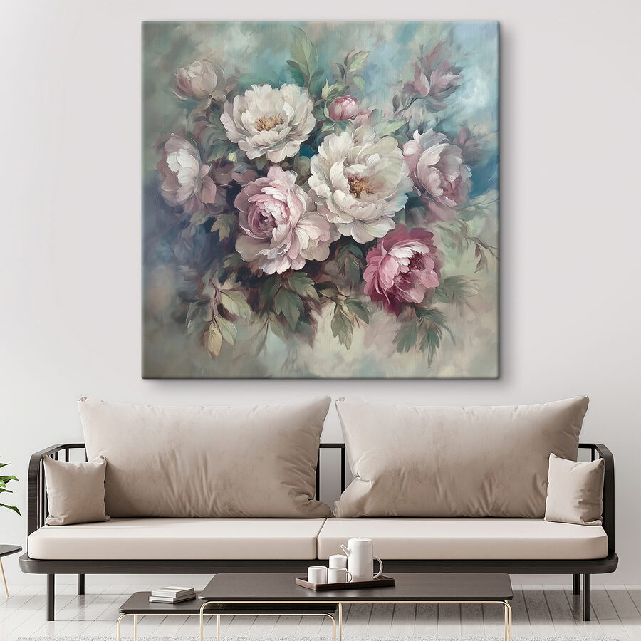 Gemälde mit Blumen auf blauem Hintergrund
