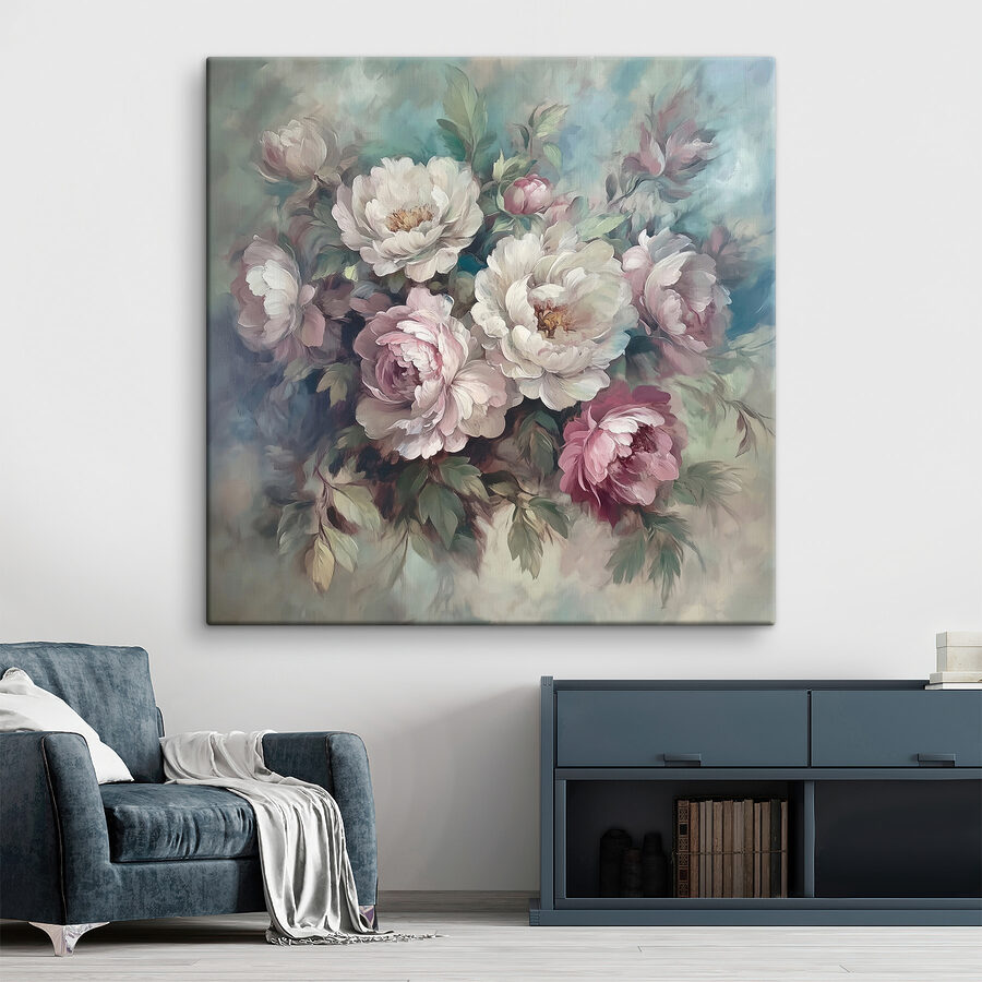 Gemälde mit Blumen auf blauem Hintergrund