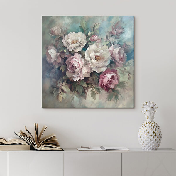 Gemälde mit Blumen auf blauem Hintergrund Gemälde mit Blumen auf blauem Hintergrund