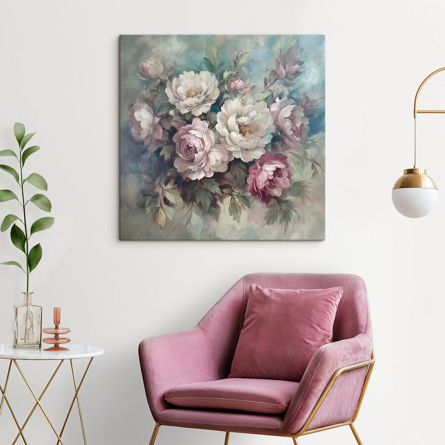 Gemälde mit Blumen auf blauem Hintergrund