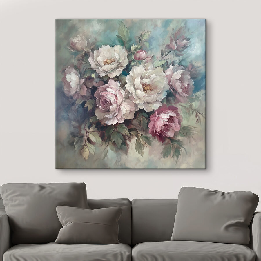 Gemälde mit Blumen auf blauem Hintergrund