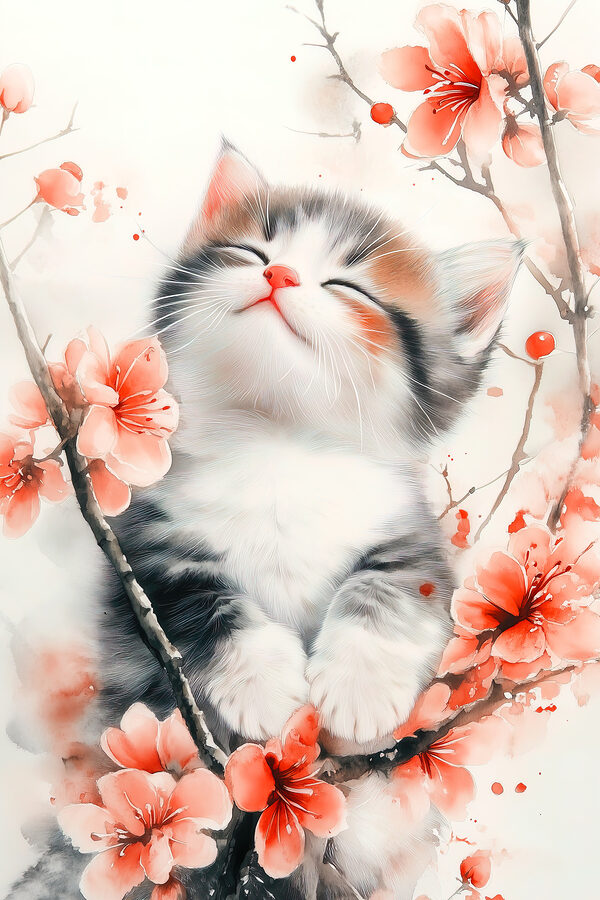 Katze sitzt auf einem Baum mit Blumen Katze sitzt auf einem Baum mit Blumen