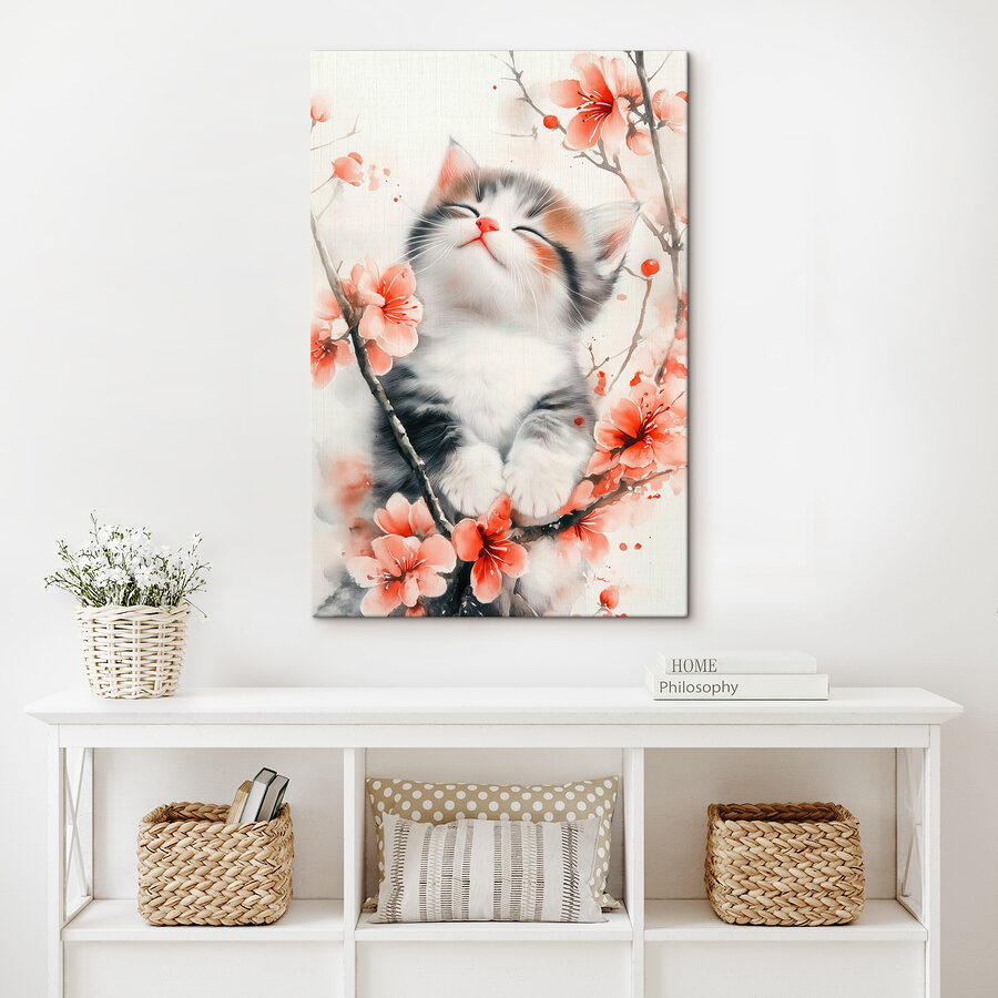 Katze sitzt auf einem Baum mit Blumen