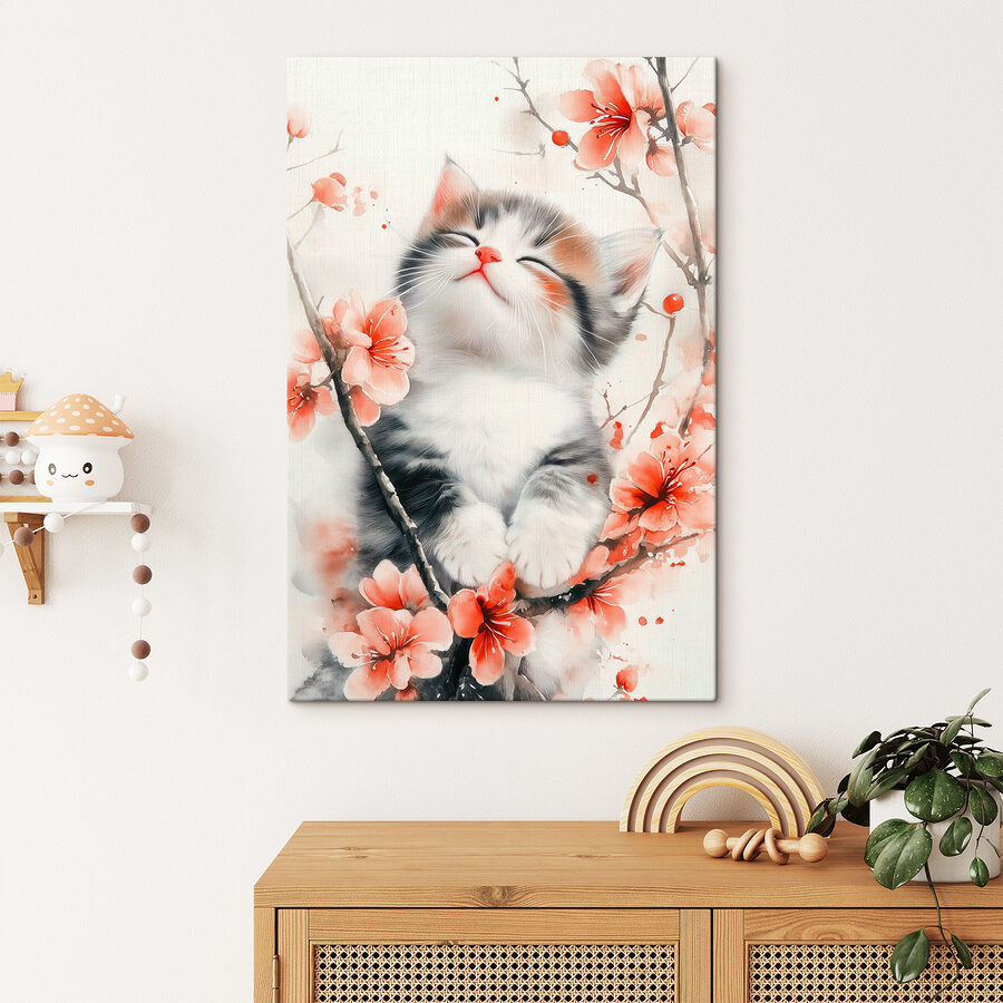 Katze sitzt auf einem Baum mit Blumen