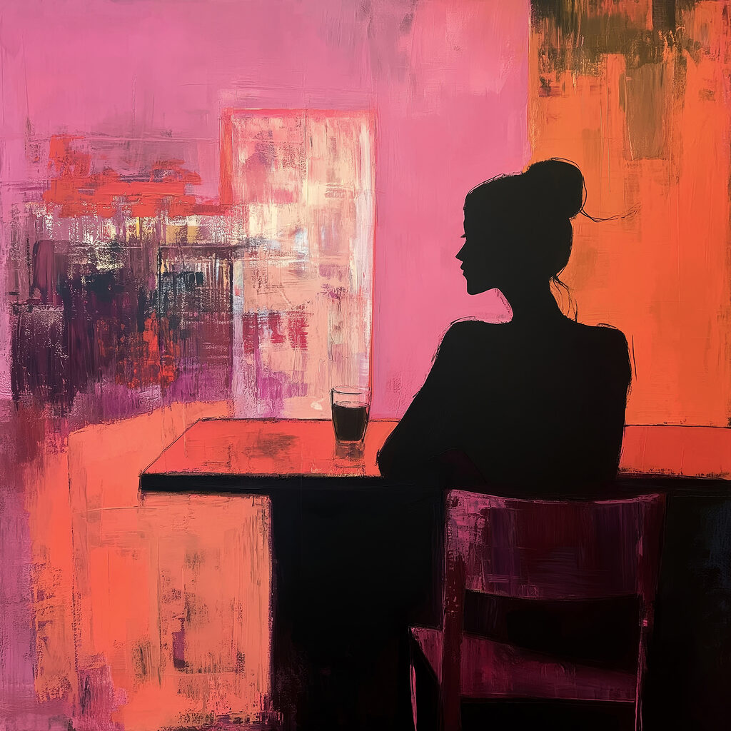 Painting of a woman sitting at a table Painting of a woman sitting at a table