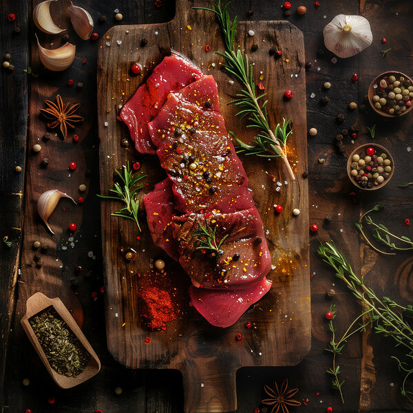 Fleisch auf einem Schneidebrett mit Gewürzen und Kräutern Fleisch auf einem Schneidebrett mit Gewürzen und Kräutern