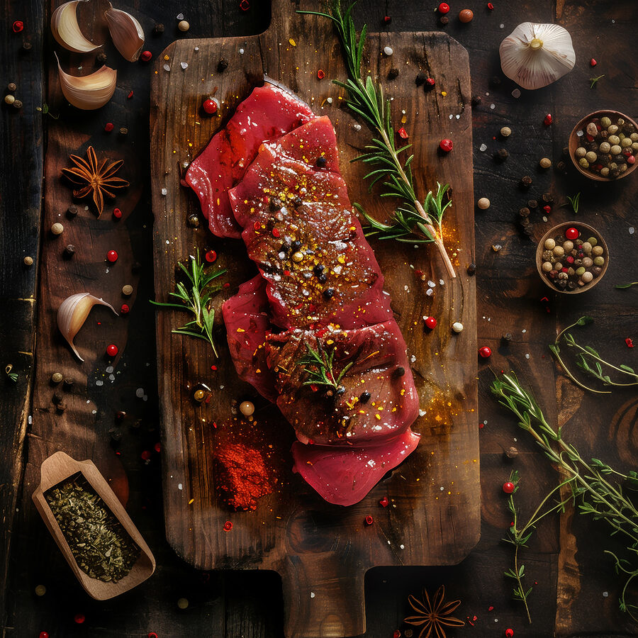 Fleisch auf einem Schneidebrett mit Gewürzen und Kräutern