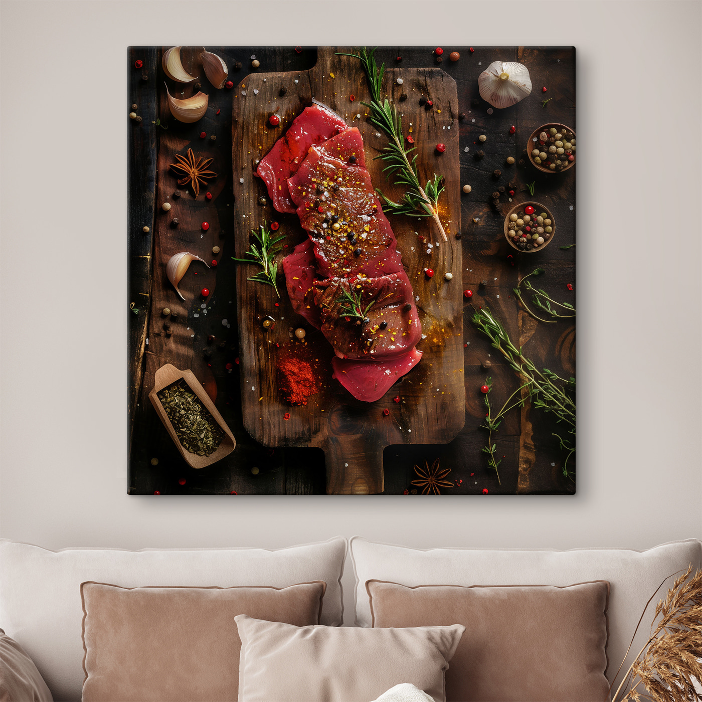 Meat on a cutting board with spices and herbs Meat on a cutting board with spices and herbs