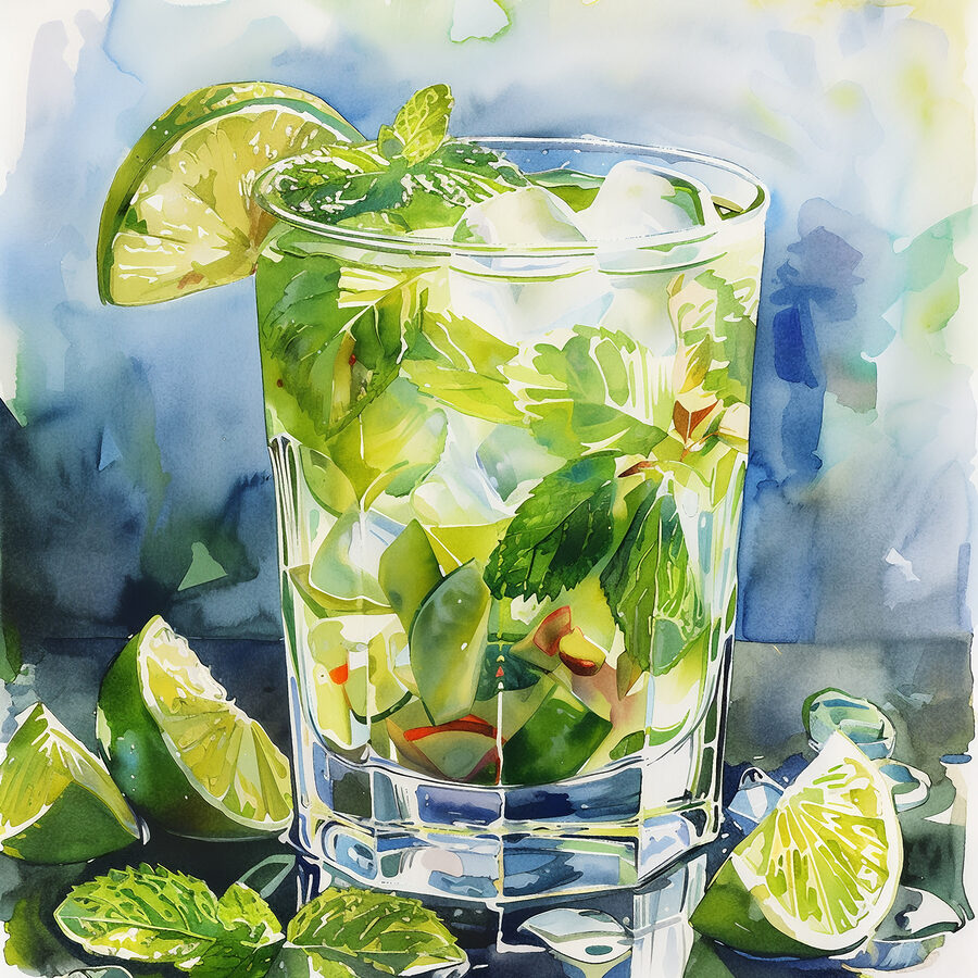 Ein Glas Wasser mit Limetten und Minzblättern
