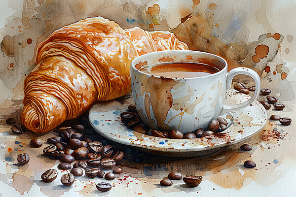 Aquarell einer Tasse Kaffee und eines Croissants Aquarell einer Tasse Kaffee und eines Croissants