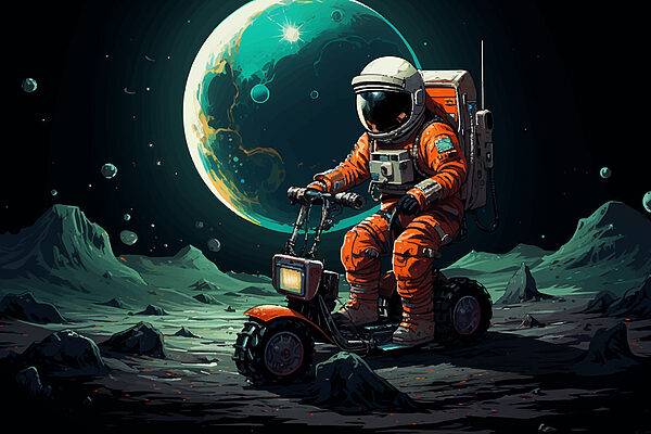 An astronaut on a scooter on the moon An astronaut on a scooter on the moon
