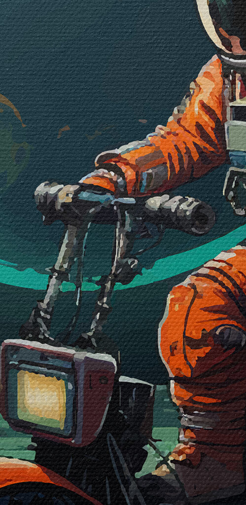 An astronaut on a scooter on the moon