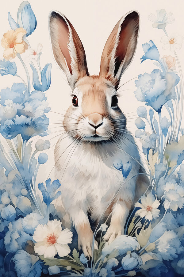 Gemälde eines von Blumen umgebenen Kaninchens Gemälde eines von Blumen umgebenen Kaninchens