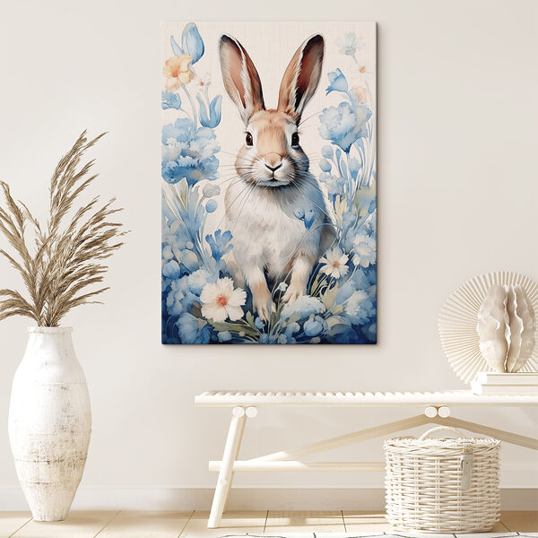 Gemälde eines von Blumen umgebenen Kaninchens Gemälde eines von Blumen umgebenen Kaninchens