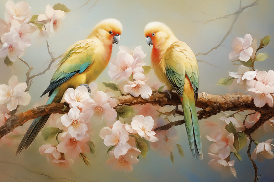 Zwei Vögel auf einem Zweig mit Blumen Zwei Vögel auf einem Zweig mit Blumen