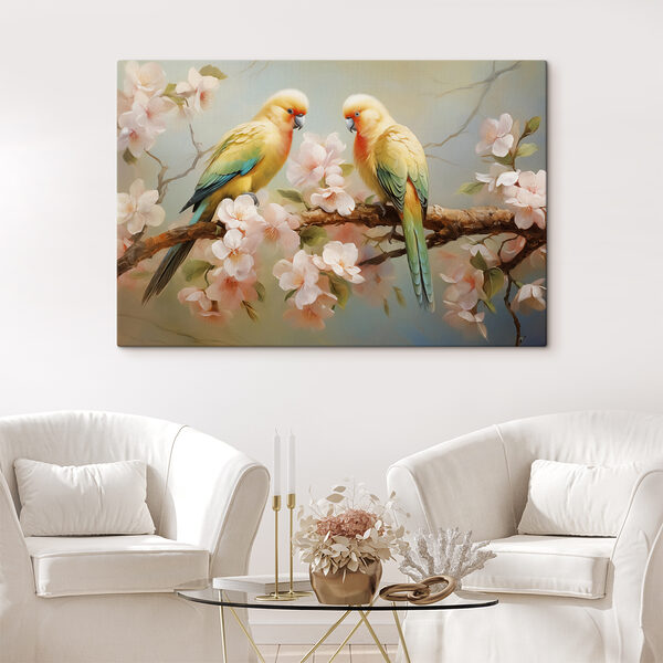 Zwei Vögel auf einem Zweig mit Blumen Zwei Vögel auf einem Zweig mit Blumen