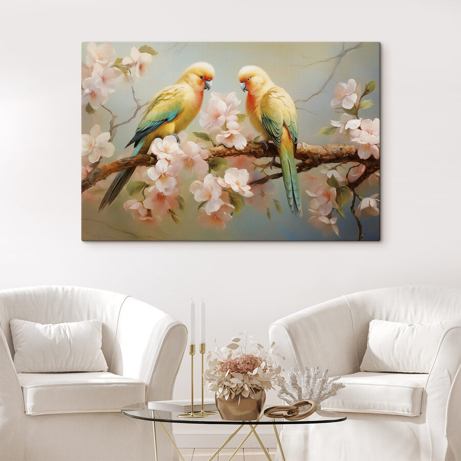 Zwei Vögel auf einem Zweig mit Blumen Zwei Vögel auf einem Zweig mit Blumen