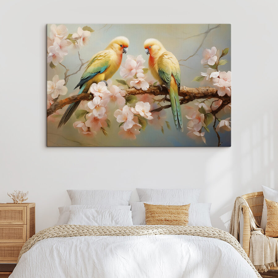 Zwei Vögel auf einem Zweig mit Blumen Zwei Vögel auf einem Zweig mit Blumen