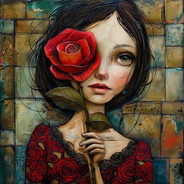 Gemälde eines Mädchens, das eine Rose hält Gemälde eines Mädchens, das eine Rose hält
