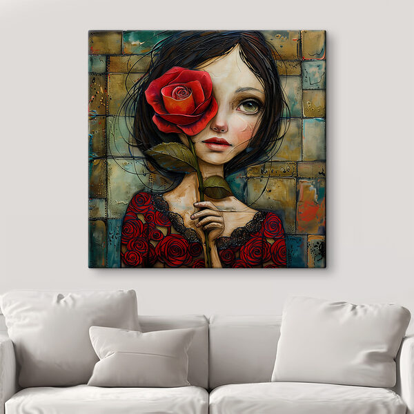 Gemälde eines Mädchens, das eine Rose hält Gemälde eines Mädchens, das eine Rose hält