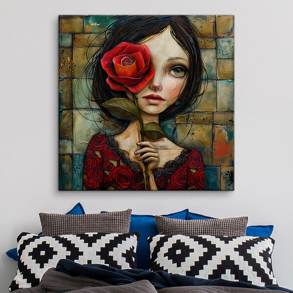 Gemälde eines Mädchens, das eine Rose hält Gemälde eines Mädchens, das eine Rose hält