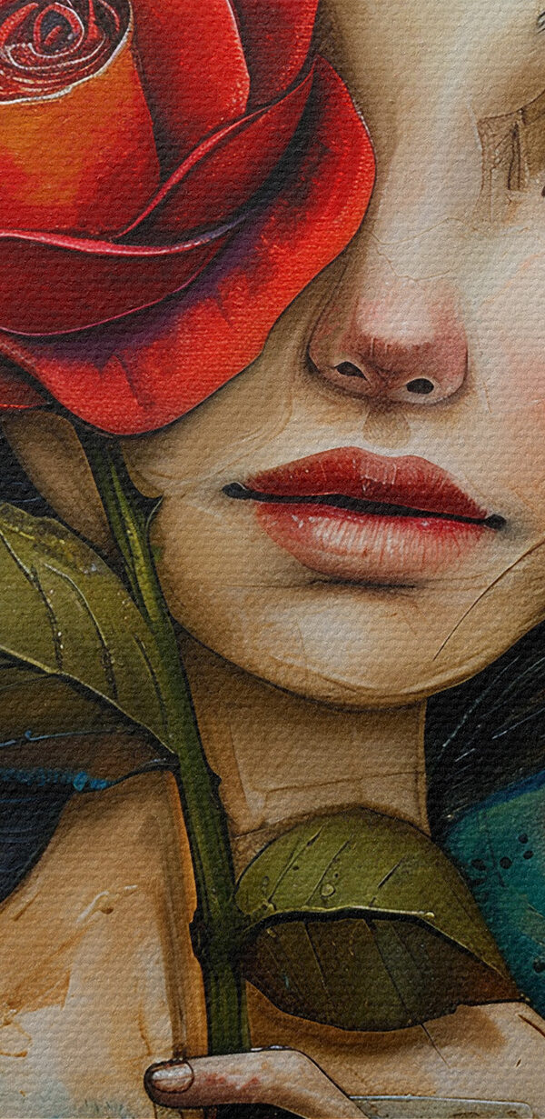 Gemälde eines Mädchens, das eine Rose hält Gemälde eines Mädchens, das eine Rose hält