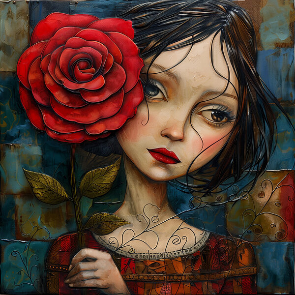 Gemälde eines Mädchens, das eine Rose hält Gemälde eines Mädchens, das eine Rose hält