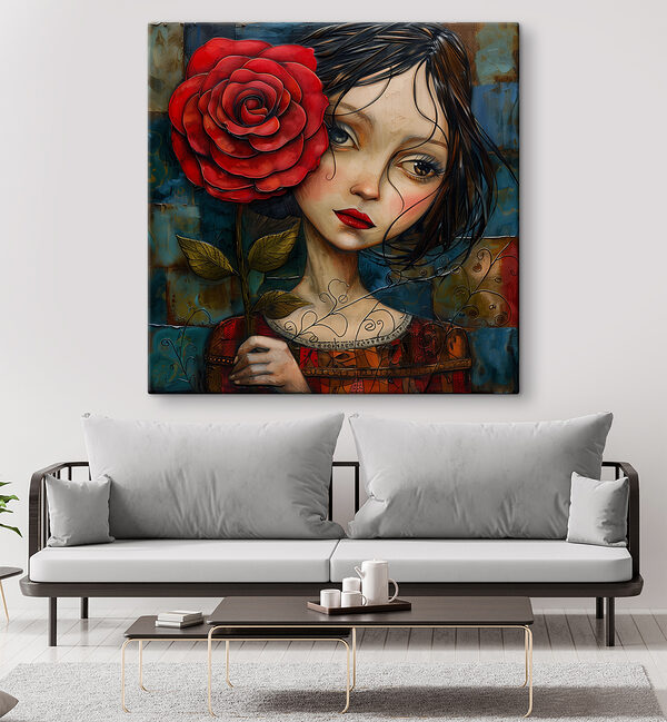 Gemälde eines Mädchens, das eine Rose hält Gemälde eines Mädchens, das eine Rose hält