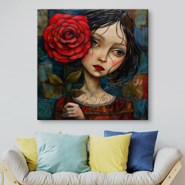 Gemälde eines Mädchens, das eine Rose hält Gemälde eines Mädchens, das eine Rose hält