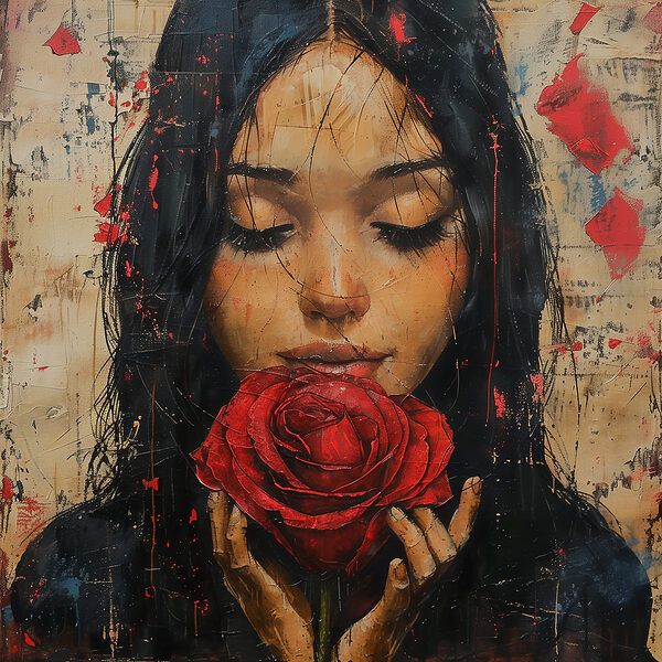 Gemälde einer Frau, die eine rote Rose hält Gemälde einer Frau, die eine rote Rose hält